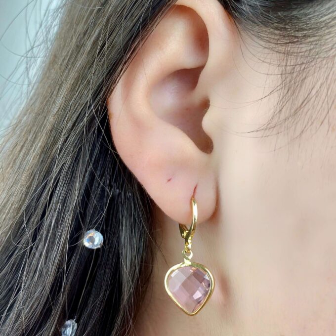 Brinco Argolinha Pingente Gota Pedra Zircônia Rose Banhado a Prata 925