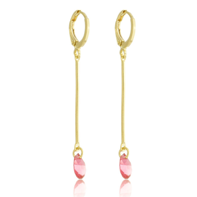 Brinco Argolinha Fio Com Pingente Zircônia Rosa Banhado a Ouro 18k
