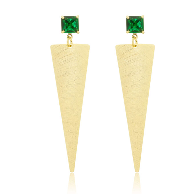 Brinco Triângulo Fosco Com Pedra Zircônia Verde Esmeralda Banhado a Ouro 18k