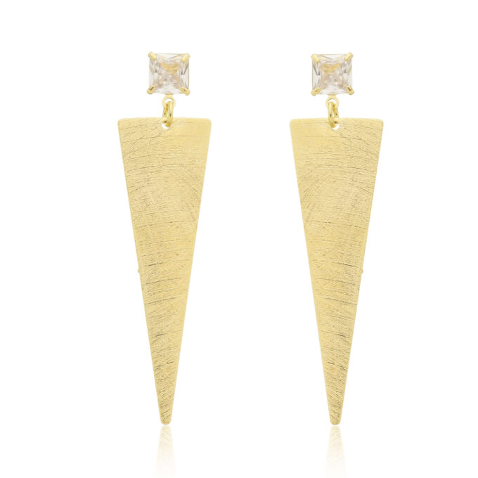 Brinco Triângulo Fosco Com Pedra Zircônia Cristal Banhado a Ouro 18k