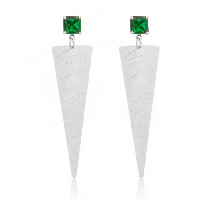 Brinco Triângulo Fosco Com Pedra Zircônia Verde Esmeralda Banhado a Ouro 18k