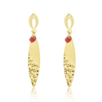 Brinco Gota Comprida Texturizada Com Zircônia Vermelha Banhado a Ouro 18k