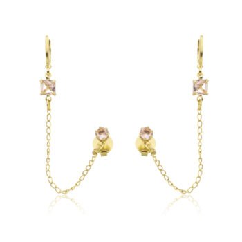 Brinco Corrente Piercing Fake com Pedras de Zircônias Rosa Banhado a Ouro 18k