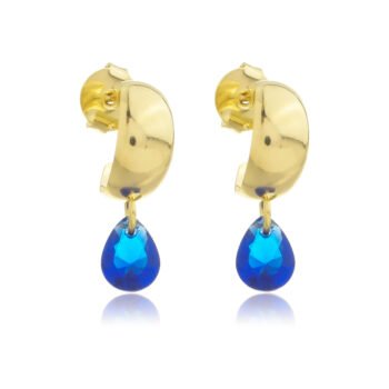 Brinco Meia Argola Com Pingente Zircônia Gota Azul Banhado a Ouro 18k