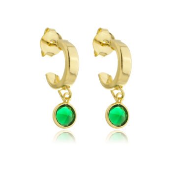 Brinco Meia Argola Com Pingente Zircônia Verde Banhado a Ouro 18k