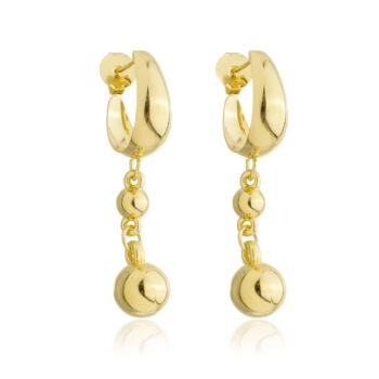 Brinco Meia Argola 2 Bolinhas Penduradas Banhado a Ouro 18k