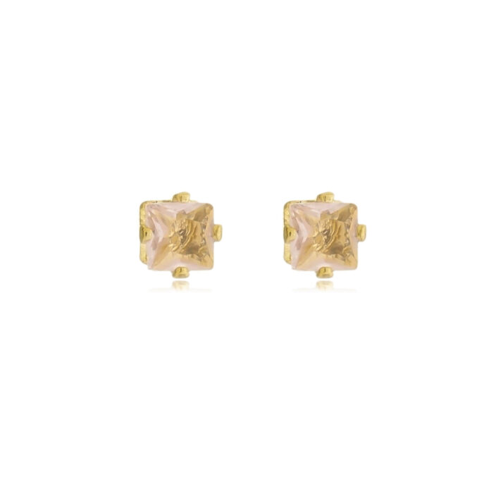 Brinco Ponto De Luz Quadrado Zirconia Rosa Banhado a Ouro 18k