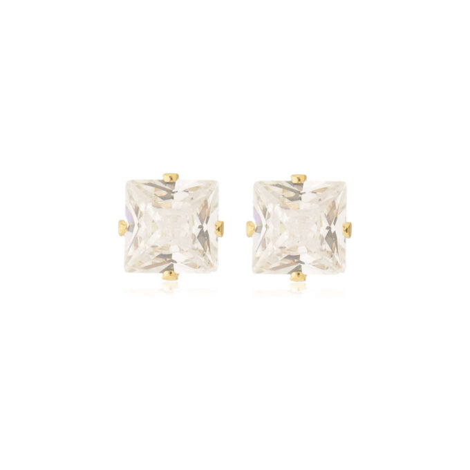Brinco Ponto De Luz Quadrado Cristal Zirconia Cravejado Banhado a Ouro 18k