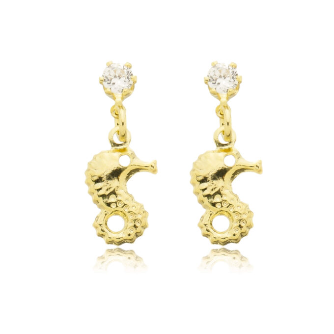 Brinco Pingente Cavalo Marinho Com Ponto De Luz Zirconia Cravejada Banhado a Ouro 18k