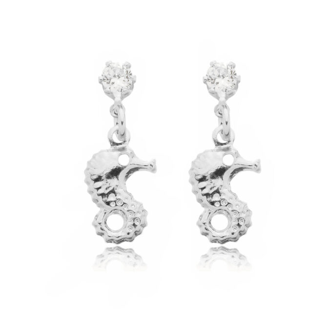 Brinco Pingente Cavalo Marinho Com Ponto De Luz Zirconia Cravejada Banhado a Ouro 18k