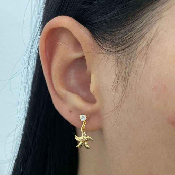 Brinco Estrela do Mar com Ponto de Luz Cravejado Banhado a Ouro 18k