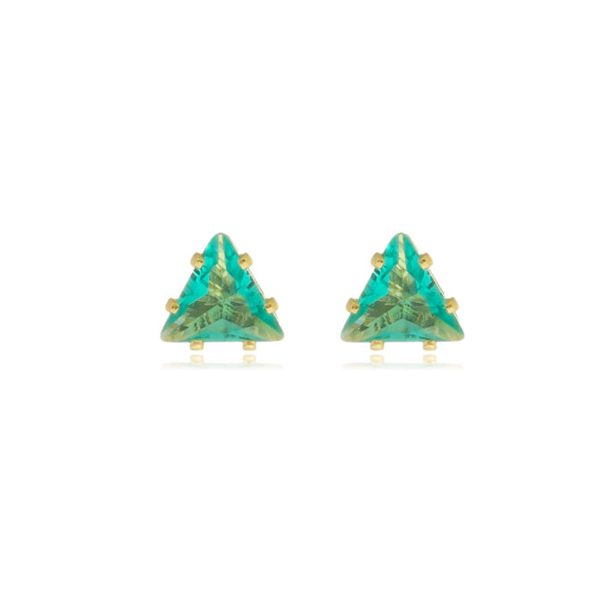 Brinco Ponto de Luz Triangular Verde Cravejado Banhado a Ouro 18k