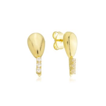 Brinco Gota Com Tres Pedras Zirconia Cravejada Banhado a Ouro 18k