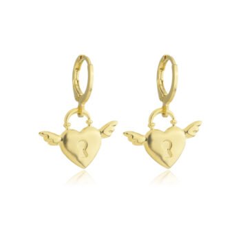 Brinco Argolinha Coração Asa Anjo Banhado a Ouro 18k