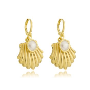 Brinco Argolinha Concha Perola ao Meio Banhado a Ouro 18k