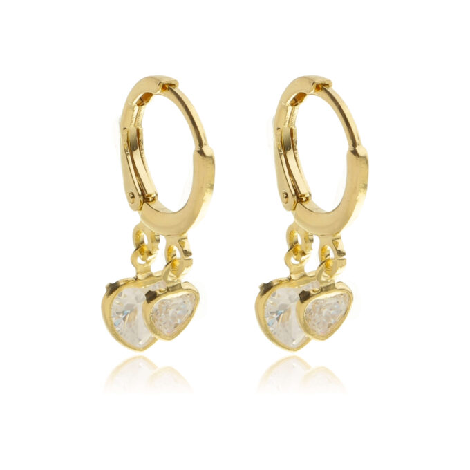 Brinco Argolinha Dois Corações Zirconia Banhado a Ouro 18k