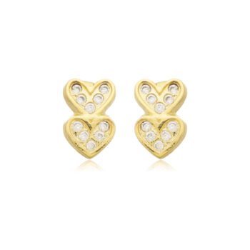 Brinco 2 Corações Cravejado Banhado a Ouro 18k