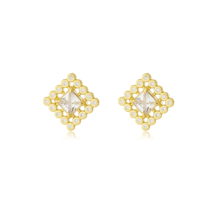 Brinco Quadrado Pedras Cravejado Banhado a Ouro 18k
