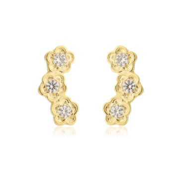 Brinco Ear Cuff 3 Flores Cravejado Zircônia Banhado a Ouro 18k