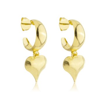 Brinco Argola Lisa Pingente Coração Texturizado Banhado a Ouro 18k