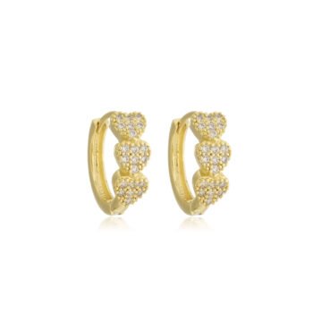 Brinco Argolinha Tres Corações Cravejados Banhado a Ouro 18k