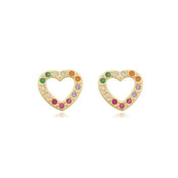 Brinco Coração Cravejado Colorido Banhado a Ouro 18k