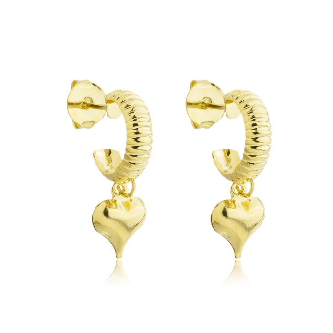 Brinco Argola Texturizada Com Pingente Coração Banhado a Ouro 18k