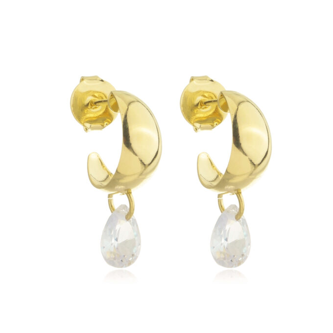 Brinco Meia Argola Pequena Com Pedra Banhado a Ouro 18k