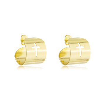 Brinco Meia Argola Cruz Crucifixo Banhado a Ouro 18k