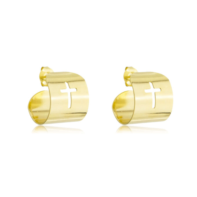 Brinco Meia Argola Cruz Crucifixo Banhado a Ouro 18k