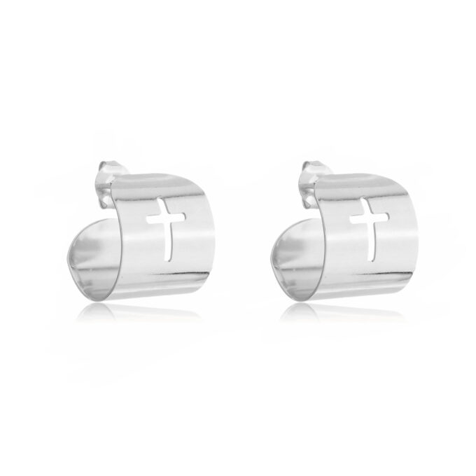 Brinco Meia Argola Cruz Crucifixo Banhado a Ouro 18k