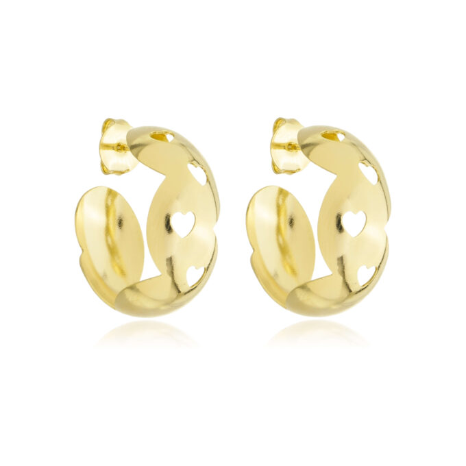 Brinco Meia Argola Corações Ondulado Vazado Banhado a Ouro 18k