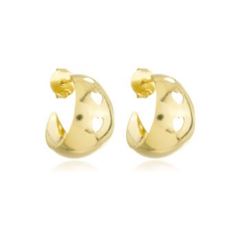 Brinco Meia Argola Coração Vazado Banhado a Ouro 18k