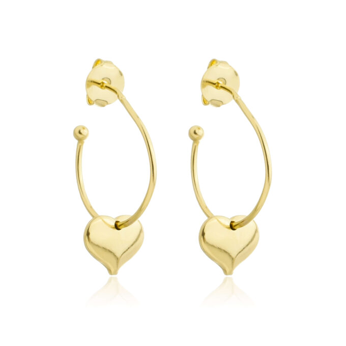 Brinco Meia Argola Coração Pingente Banhado a Ouro 18k