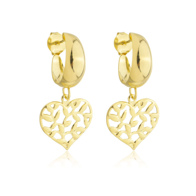 Brinco Meia Argola Coração Arvore Da Vida Banhado a Ouro 18k