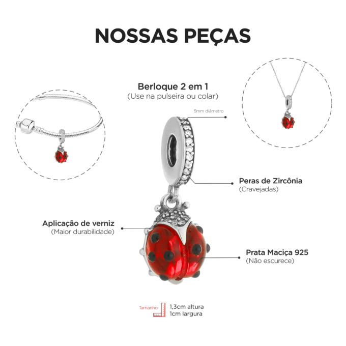 Berloque Joaninha Cravejada Vermelha em Prata 925