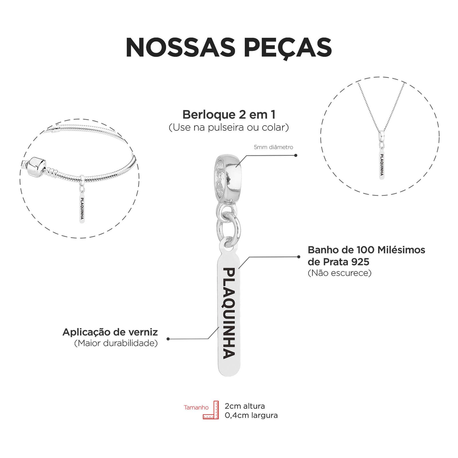 Berloque Plaquinha Publicidade Banhado a Prata 925