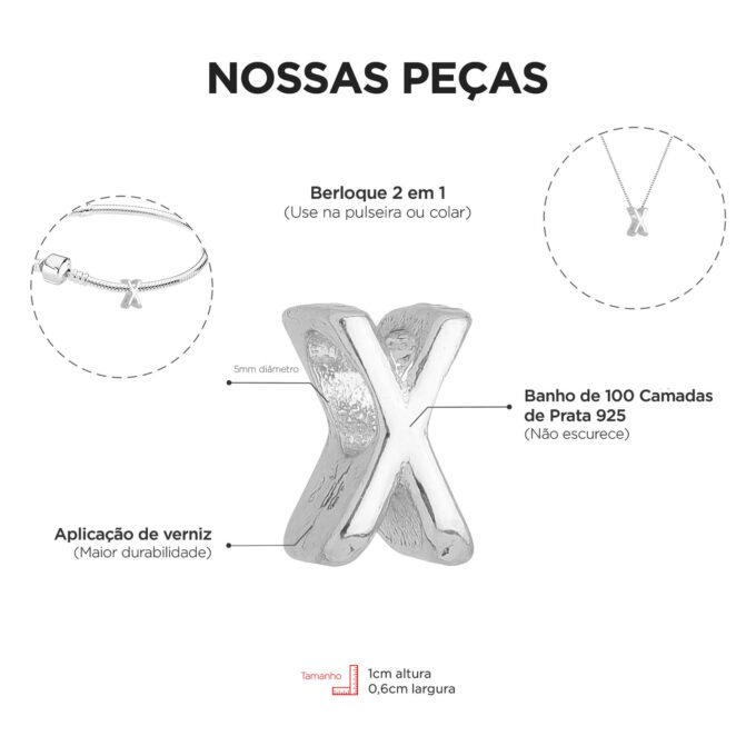 Colar Pingente Letra X Banhado a Prata 925