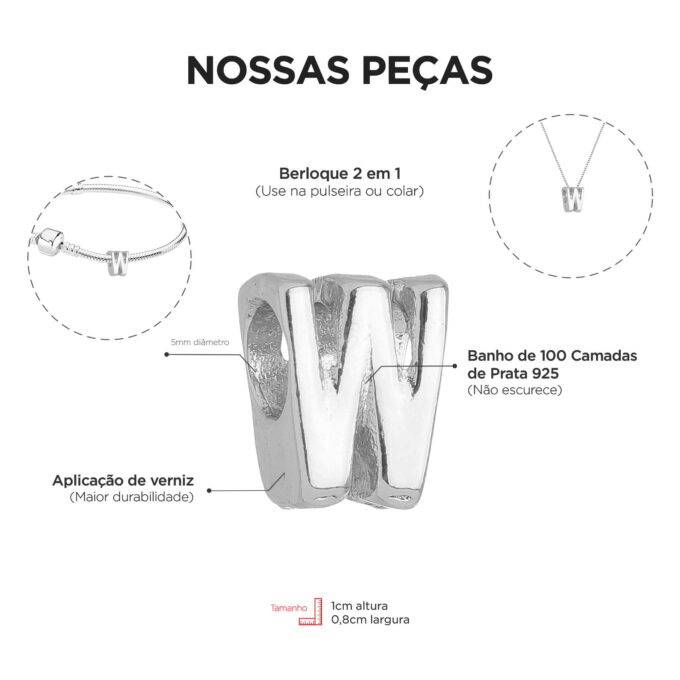Colar Pingente Letra W Banhado a Prata 925