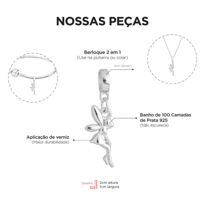 Colar Pingente Fada Sininho Banhado a Prata 925