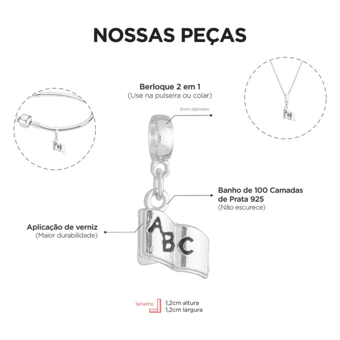 Berloque Livro Escola Banhado a Prata 925