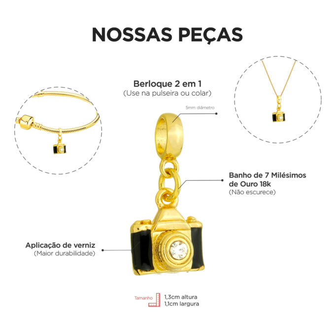 Berloque Câmera Banhado a Ouro 18k