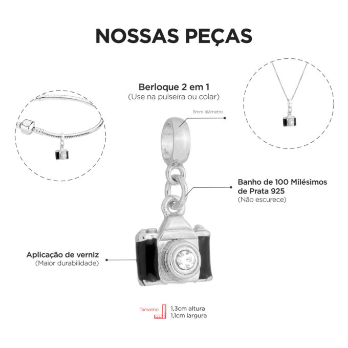 Berloque Câmera Banhado a Ouro 18k