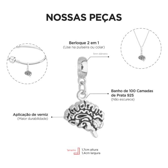 Berloque Cérebro Psicologia Banhado a Prata 925