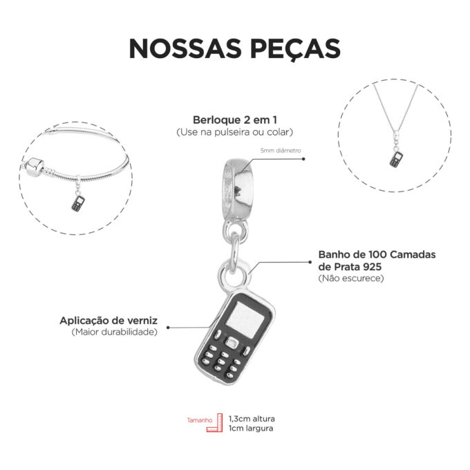 Berloque Celular Banhado a Prata 925