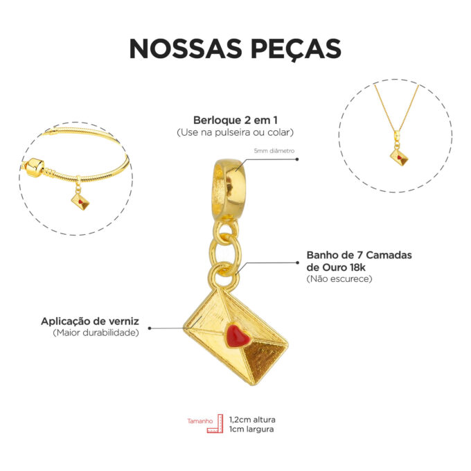 Berloque Carta Coração Banhado a Ouro 18k