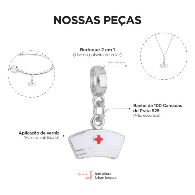 Berloque Chapéu Enfermeira Banhado a Prata 925