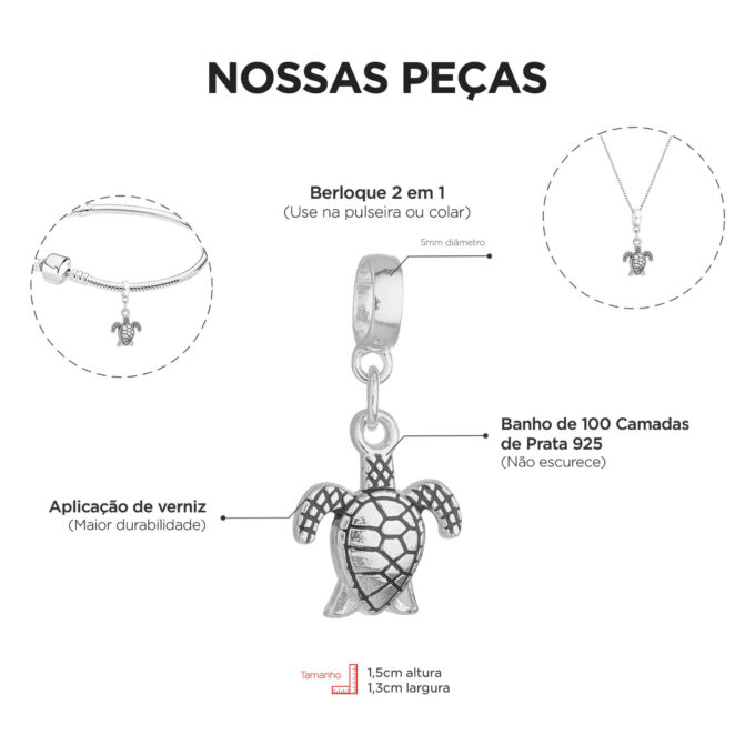 Berloque Tartaruga Mar Banhado a Prata 925