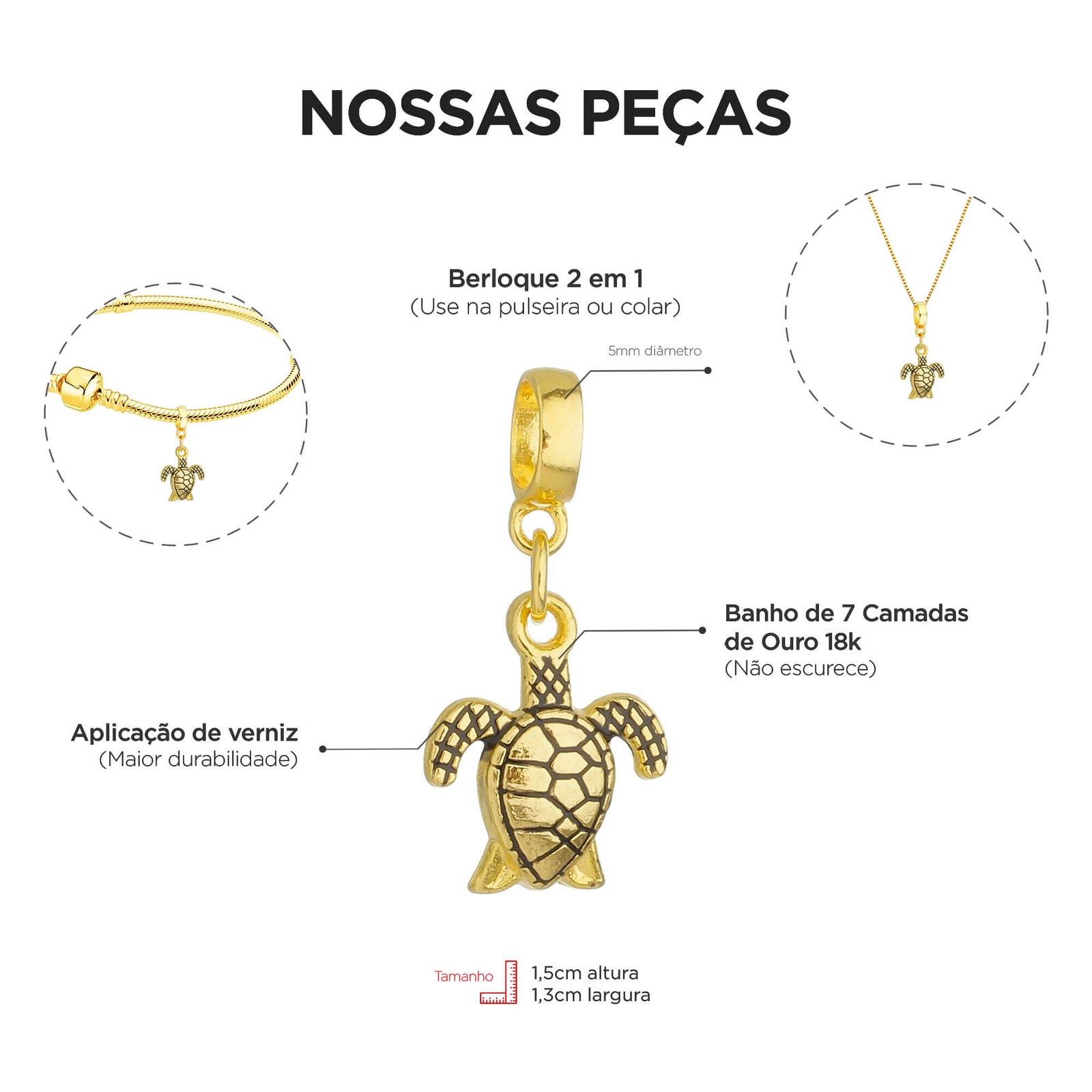 Berloque Tartaruga Mar Banhado a Ouro 18k