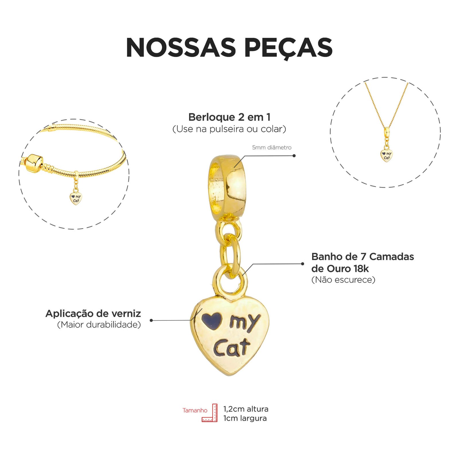 Berloque Coração Gato Banhado a Ouro 18k